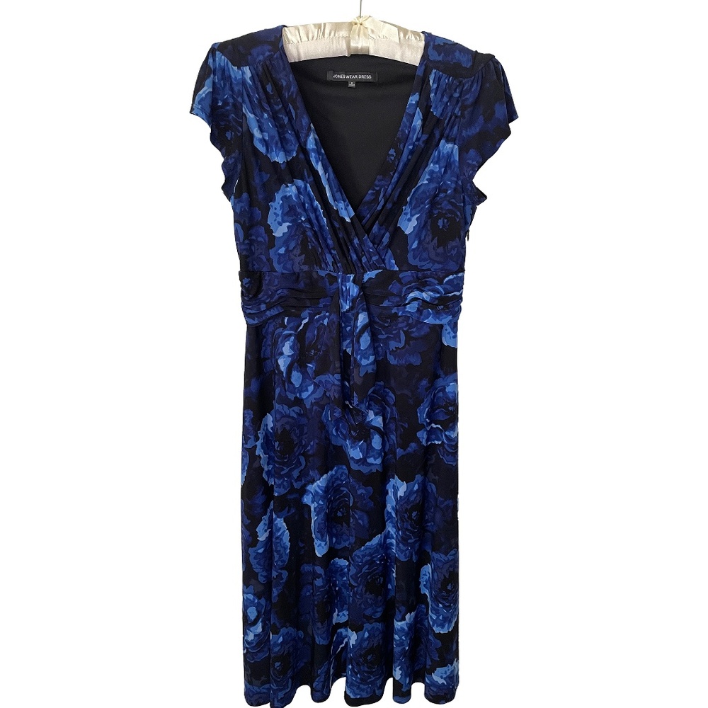 Jones Wear Faux Wrap Blue Floral Jersey Dress